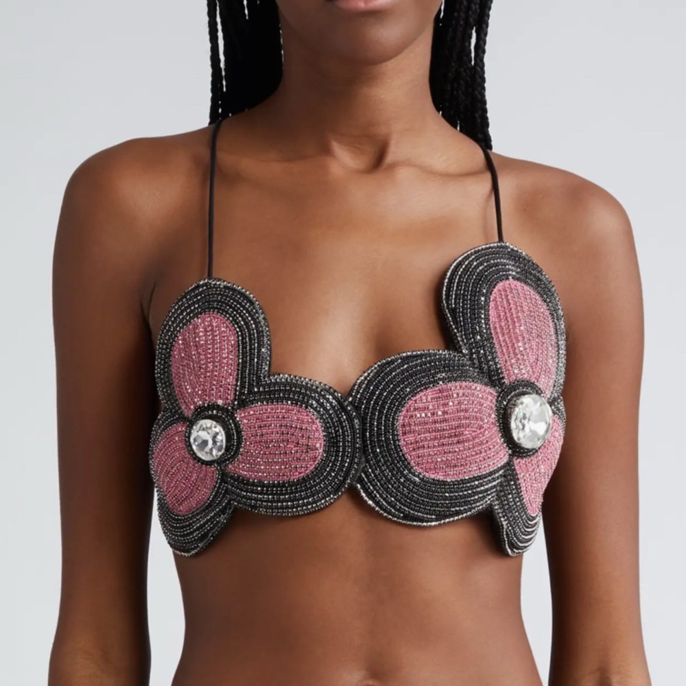 AREA Jumbo Crystal Beaded Flower Bra Top